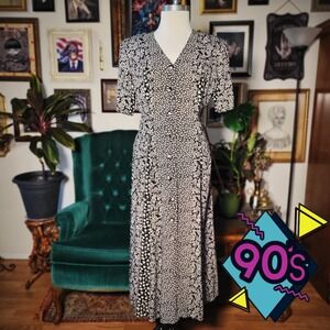 Floral Maxi Dress Vintage 90s Black White Button Front Grunge Boho Large 45" L